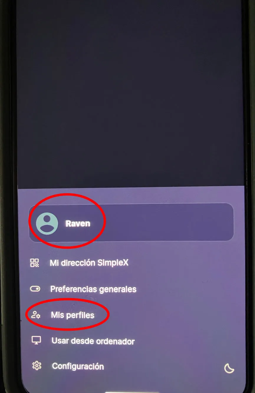 Dispositivo con los ajustes desplegados