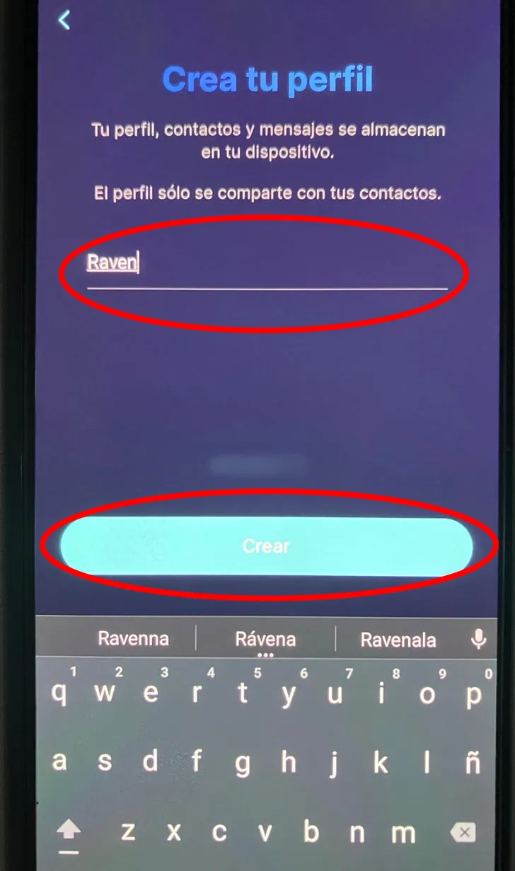 Dispositivo con la pantalla "crear perfil"