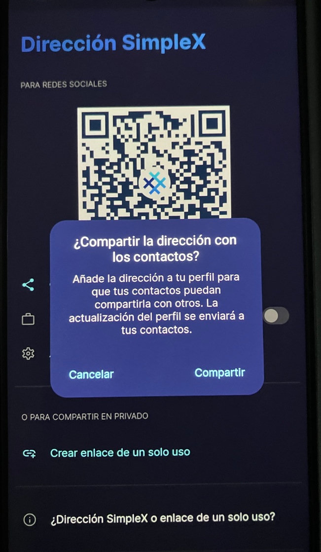 Dispositivo con diálogo sobre si compartir dirección con contactos