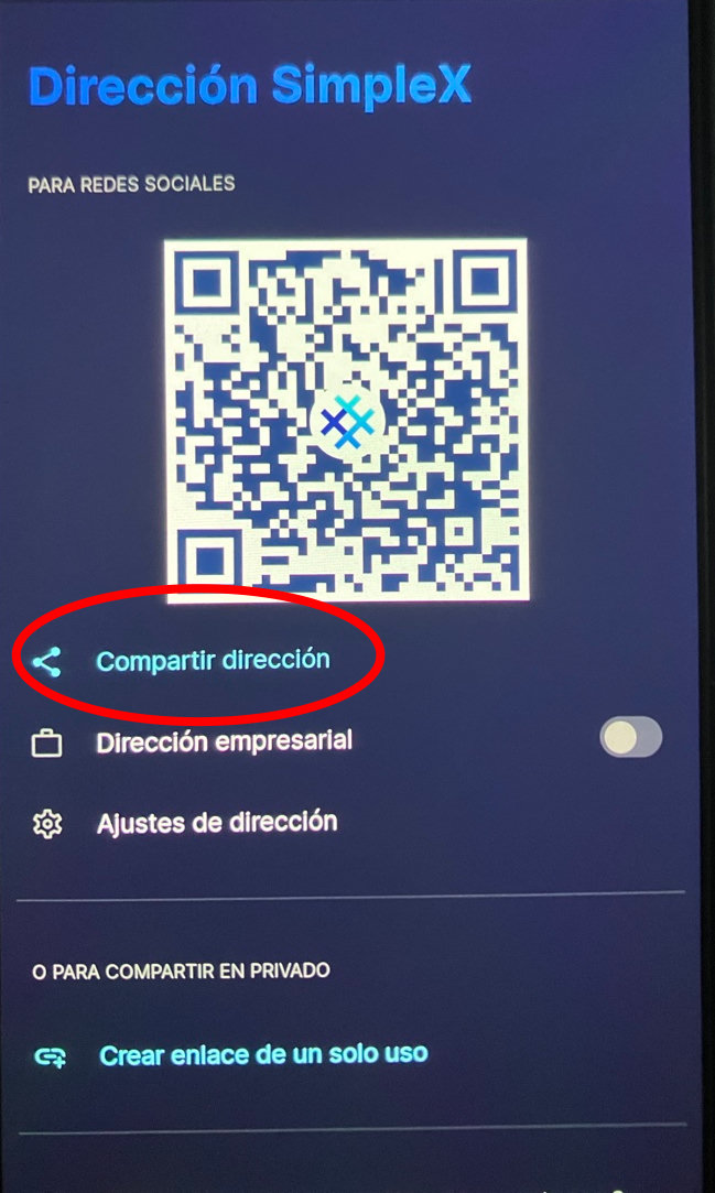Dispositivo en la pantalla &ldquo;Dirección SimpleX&rdquo;